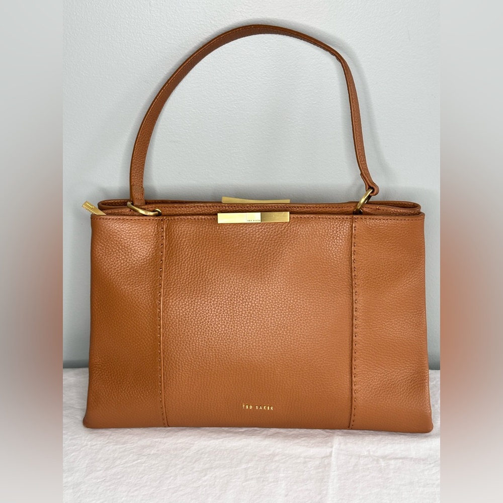 EUC!! TED BAKER LONDON  TAN LEATHER TOP HANDLE DOUBLE COMPARTMENT BAG